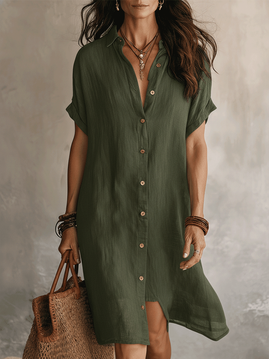 Robe chemise midi en lin et coton à manches courtes