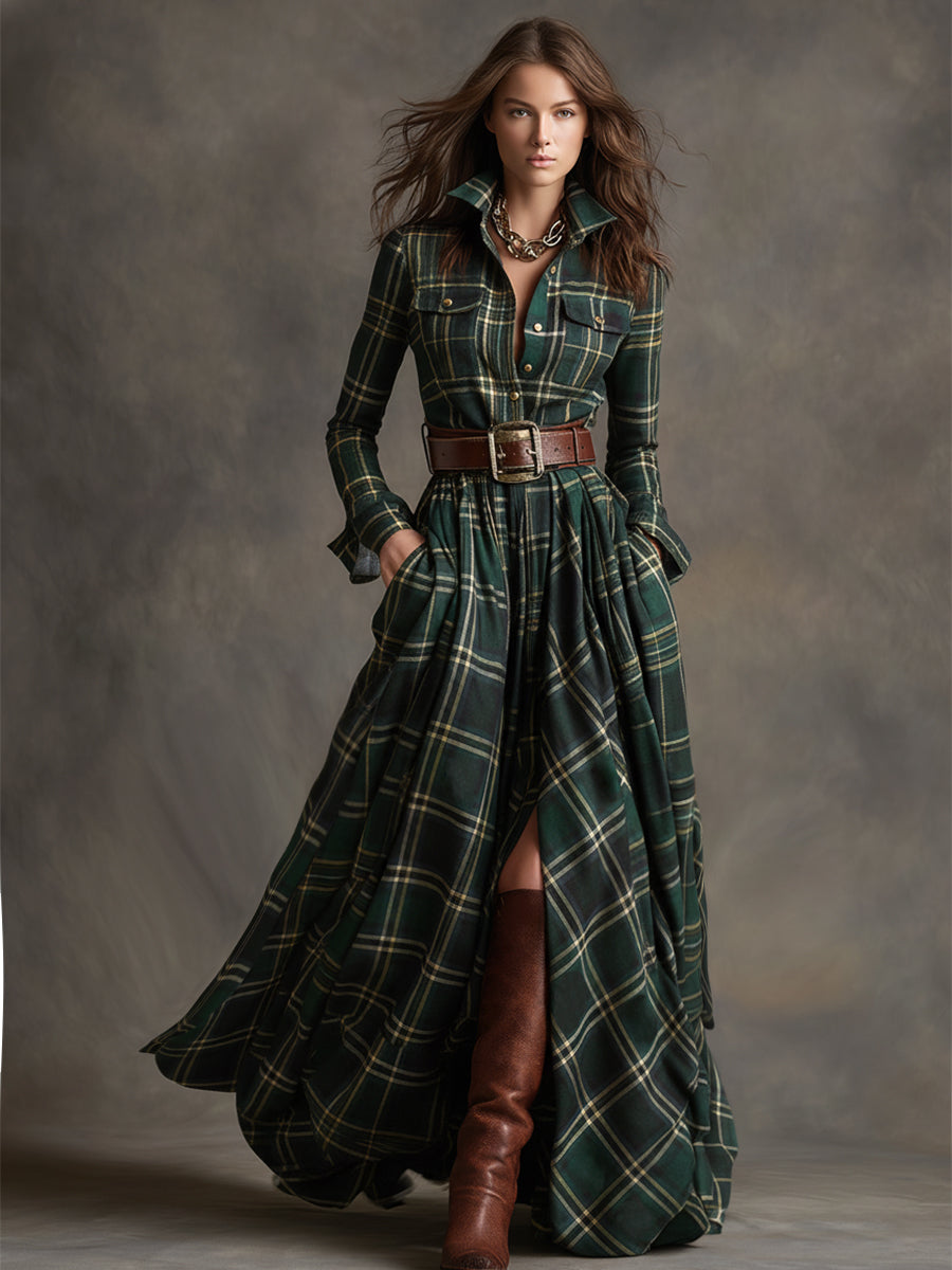 Juliette – Robe longue à carreaux ceinturée de style rétro