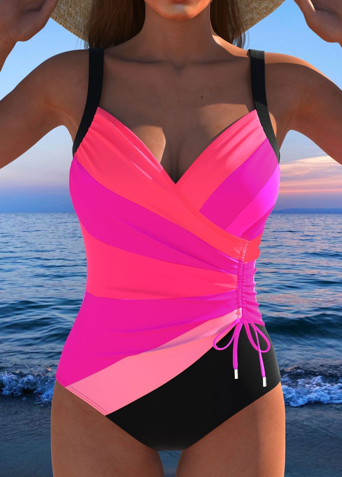 Maillot de bain une pièce femme cache-cœur, imprimé à fronces réglables