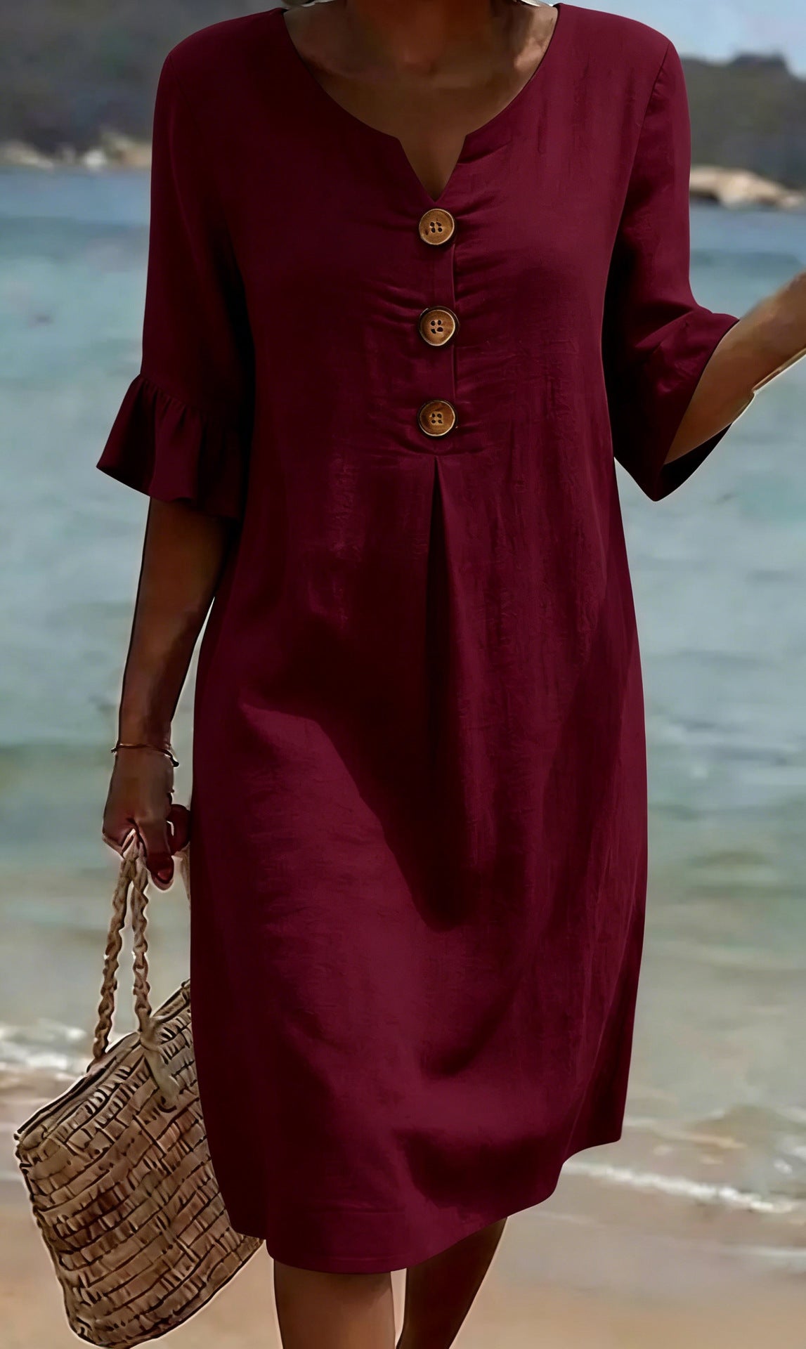Robe d'été boutonnée en coton et lin à manches volantées