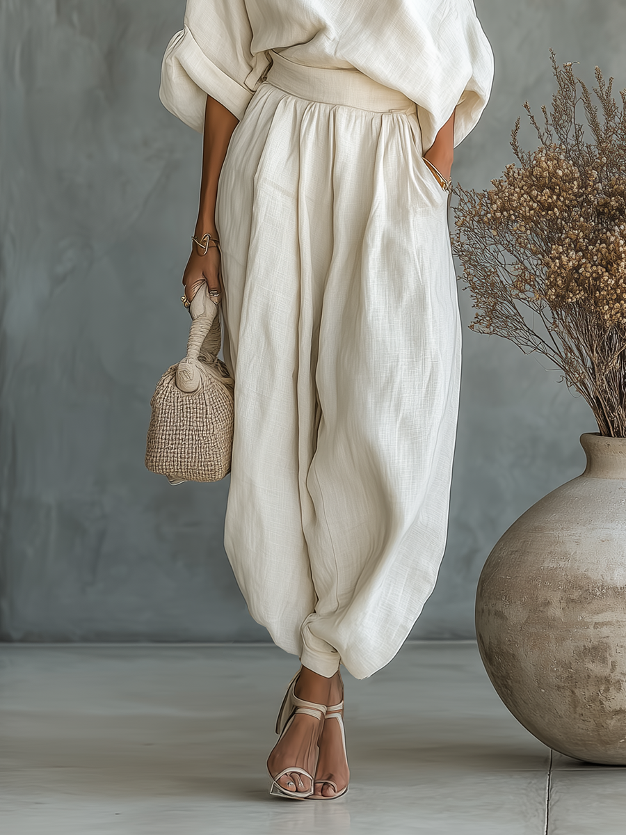 Émilie – Ensemble deux pièces en lin avec top à épaules dénudées et pantalon fuselé femme