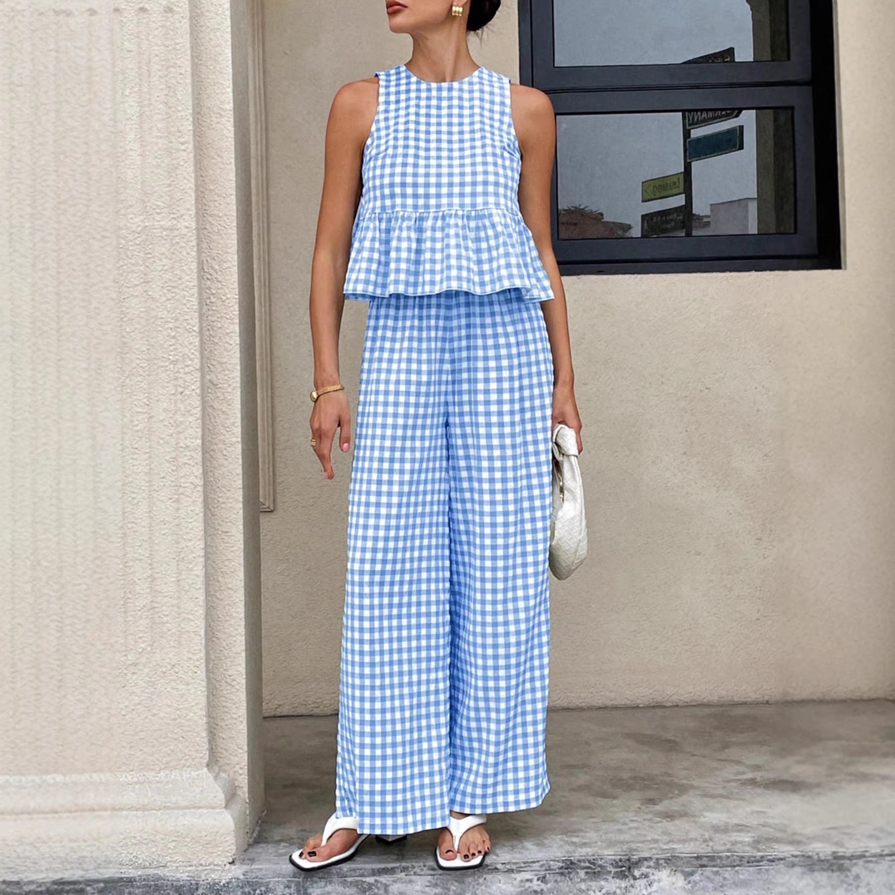 Capucine – Ensemble deux pièces à carreaux vichy : top péplum sans manches et pantalon à jambes larges femme