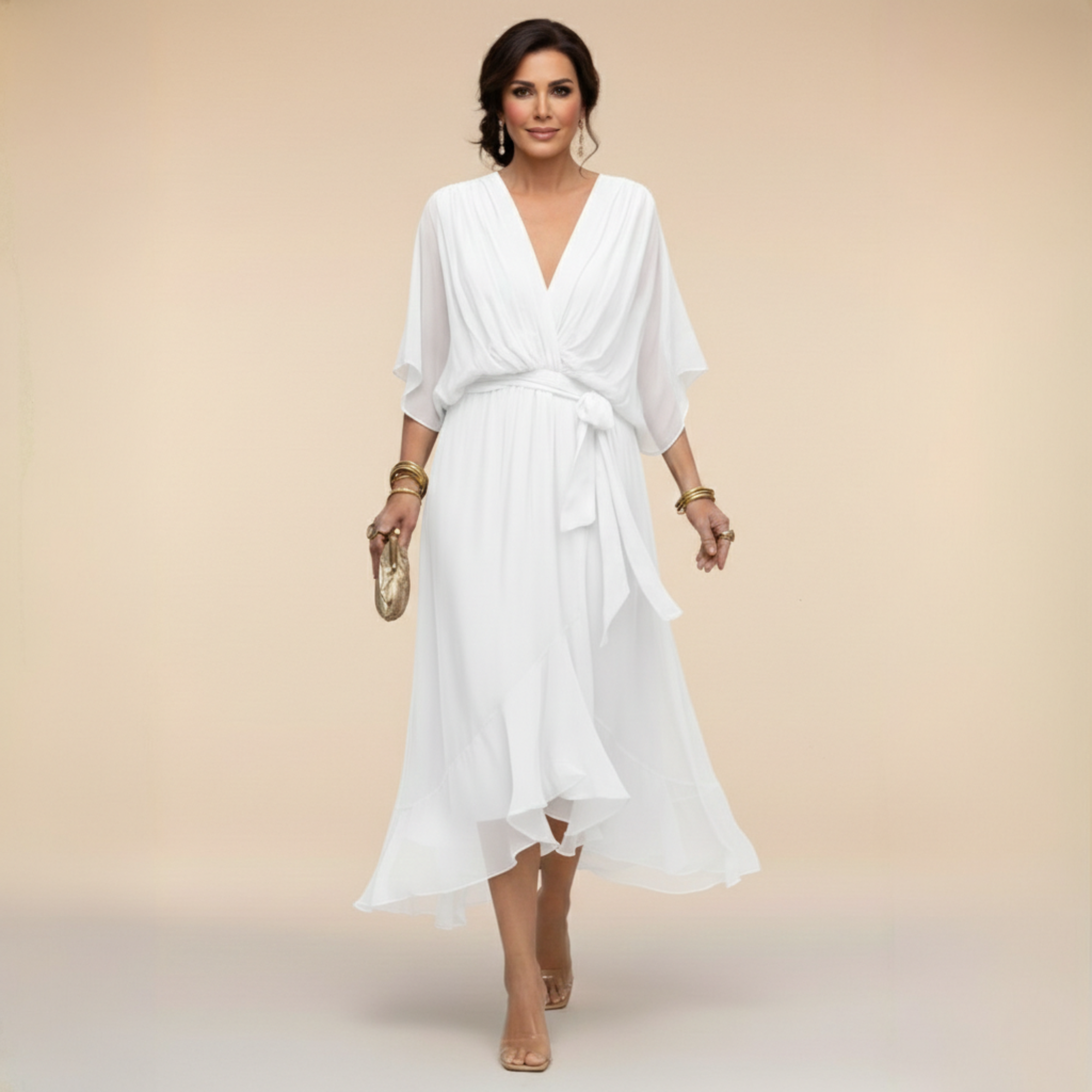 Inès – Robe midi fluide col V à taille ajustable