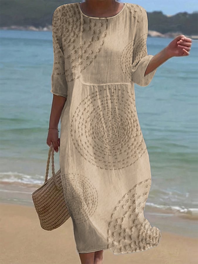 Robe midi en coton et lin à motif texturé et manches 3/4