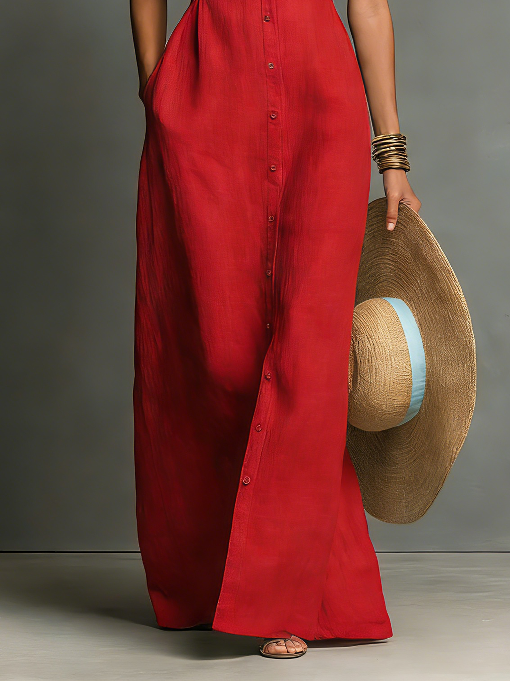 Rose – Robe chemise maxi sans manches en lin mélangé à col femme