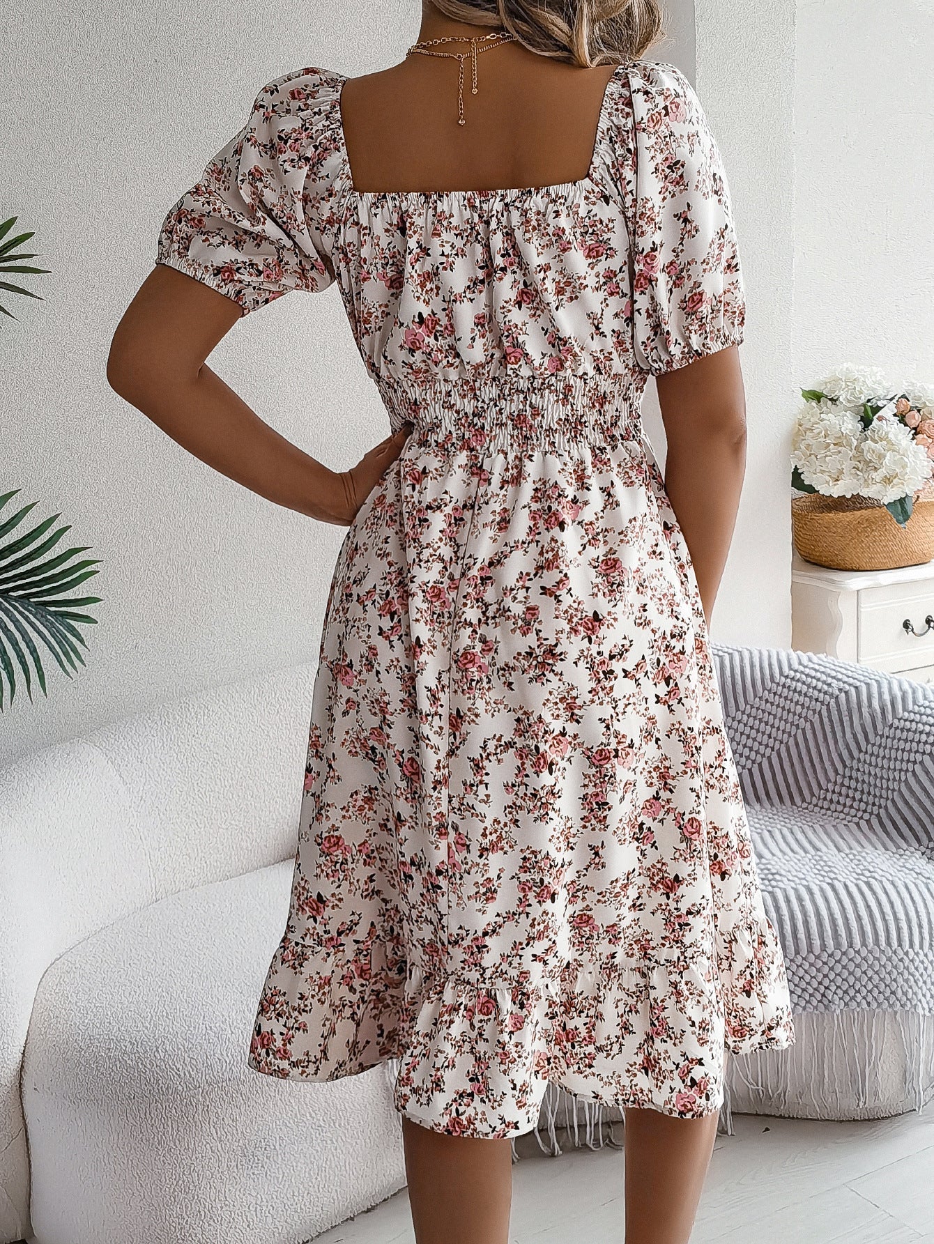Joline – Robe midi à imprimé floral, col carré, volants et taille haute femme