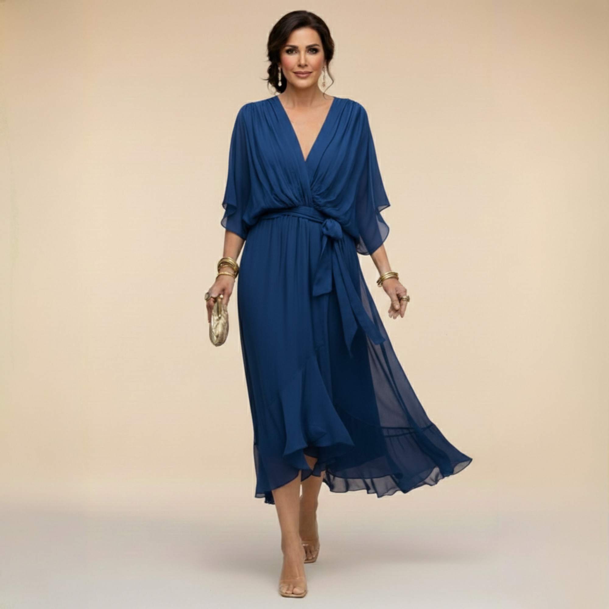 Inès – Robe midi fluide col V à taille ajustable