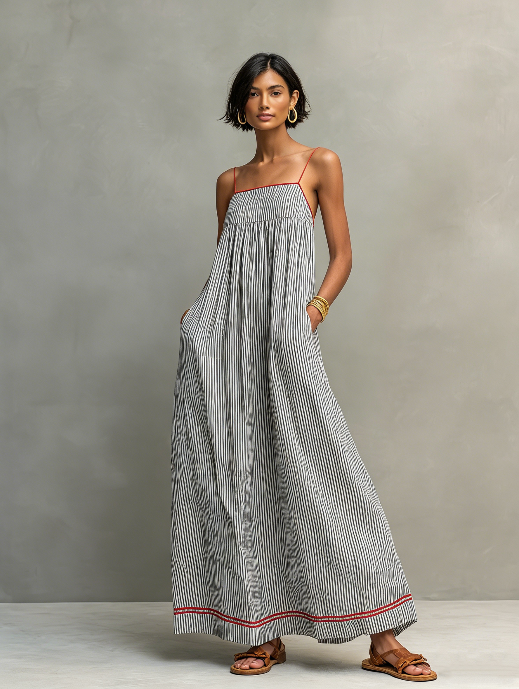 Ophélie – Robe maxi rayée à fines bretelles et liseré femme