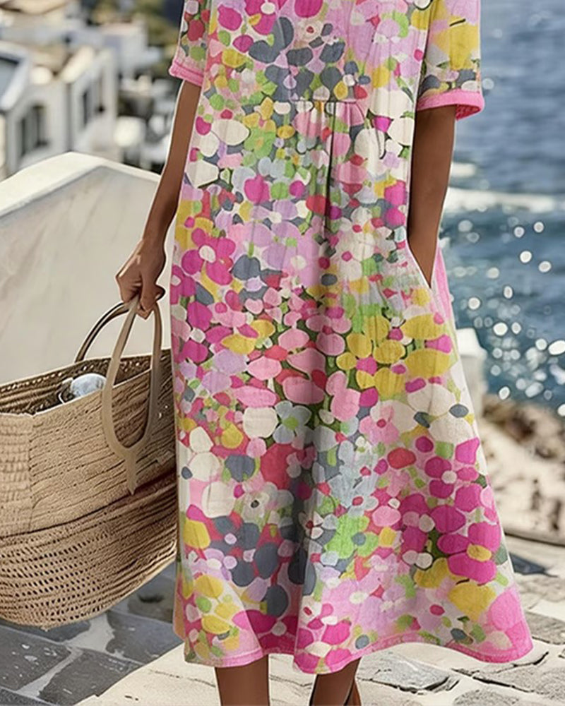 Robe midi fleurie en coton et lin à manches courtes et poches