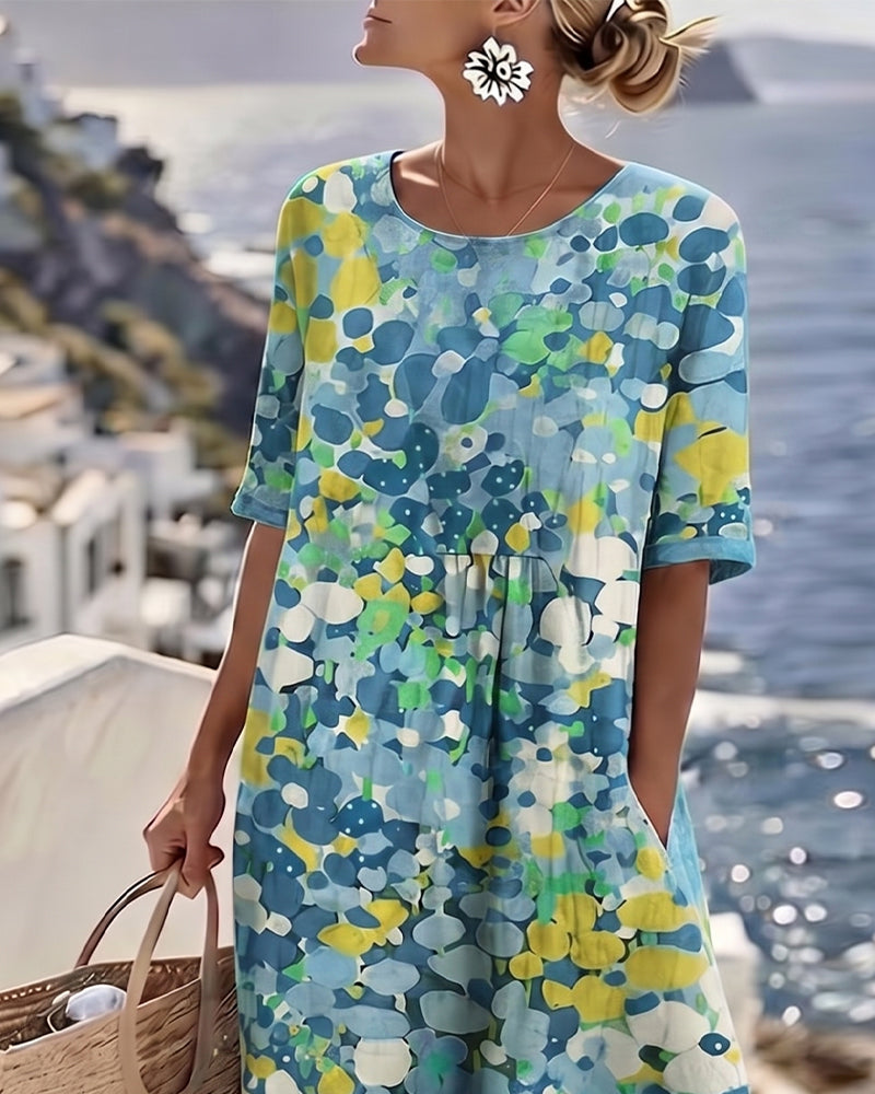 Robe midi fleurie en coton et lin à manches courtes et poches