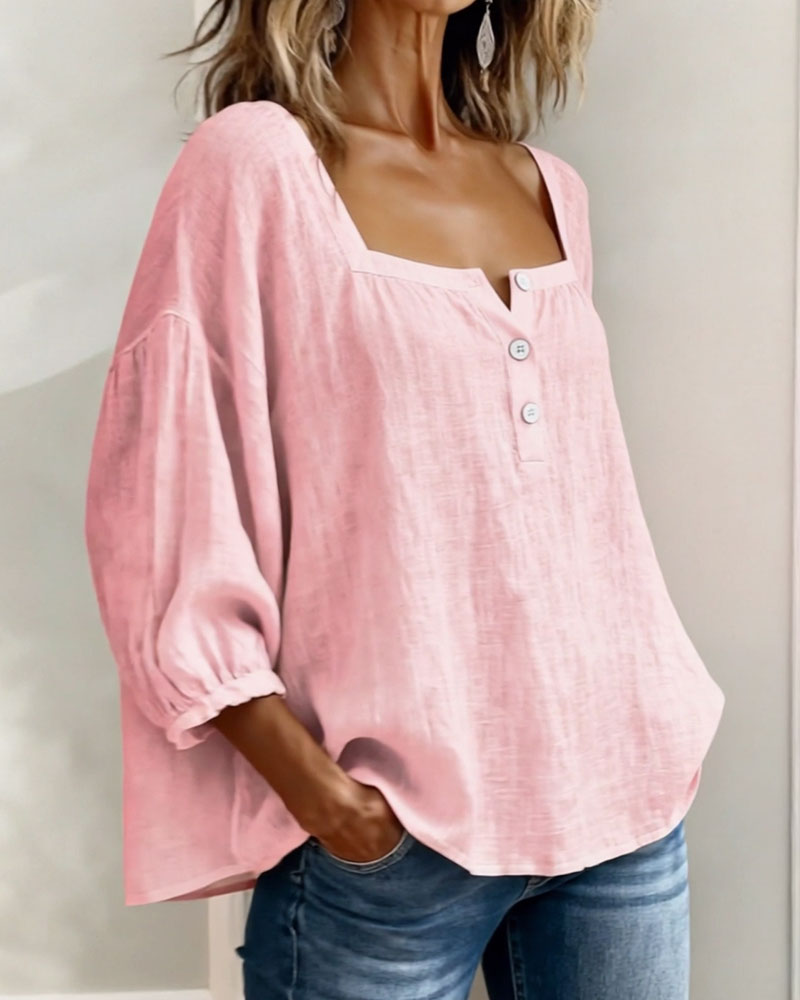 Blouse en lin femme à encolure carrée et manches bouffantes 3/4