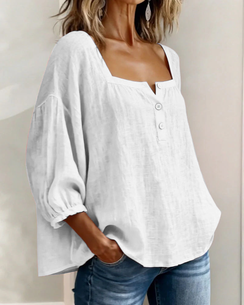 Blouse en lin femme à encolure carrée et manches bouffantes 3/4