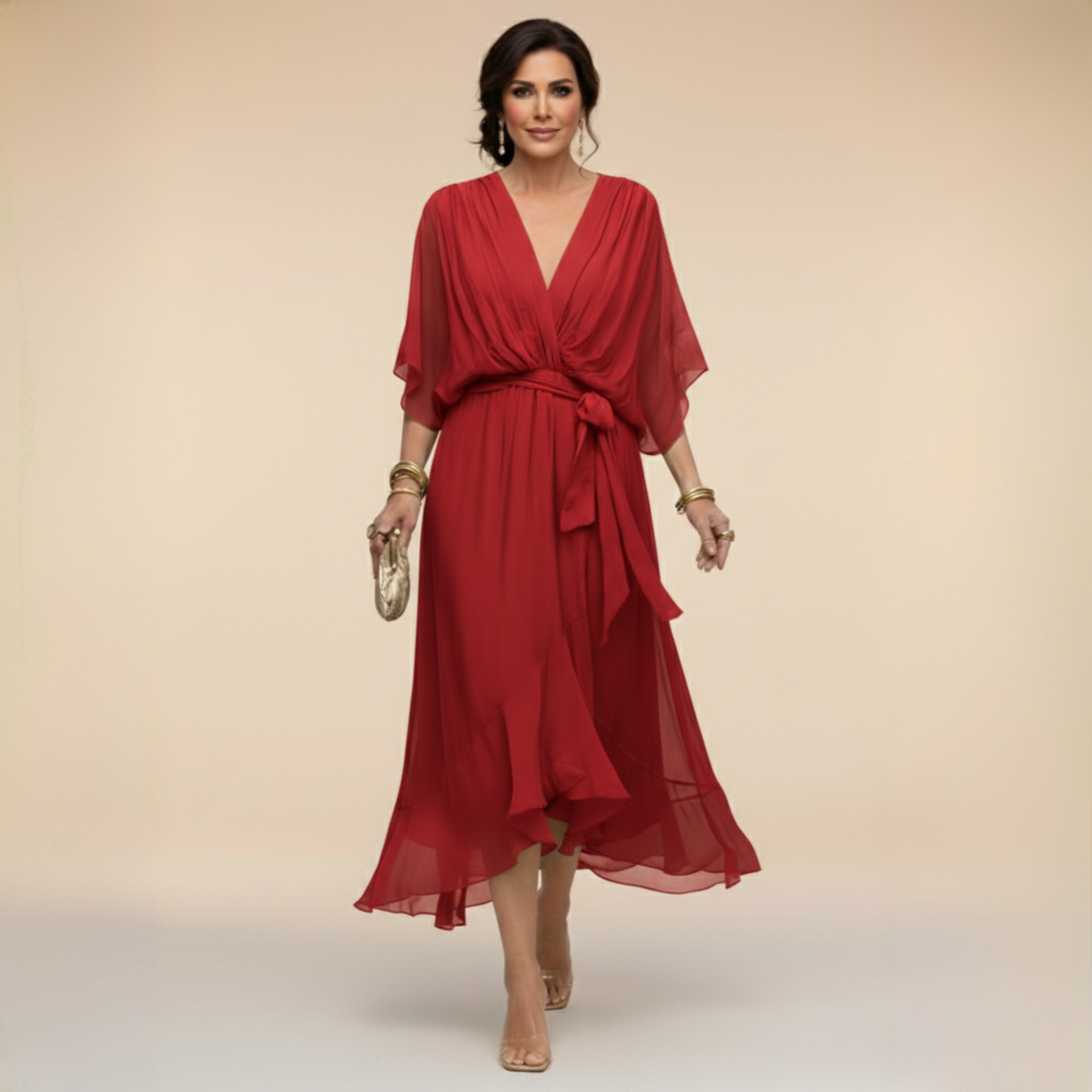 Inès – Robe midi fluide col V à taille ajustable