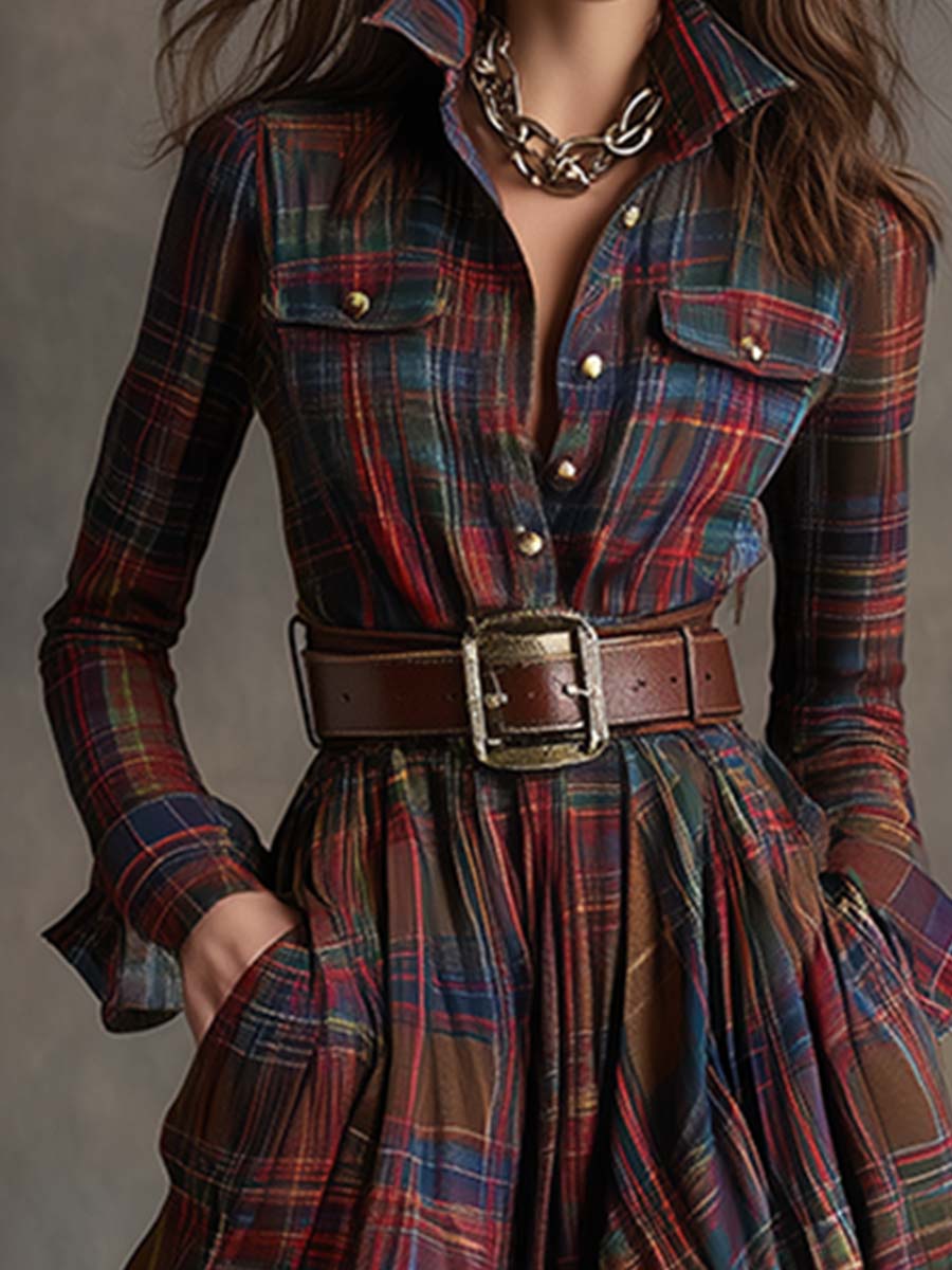 Juliette – Robe longue à carreaux ceinturée de style rétro