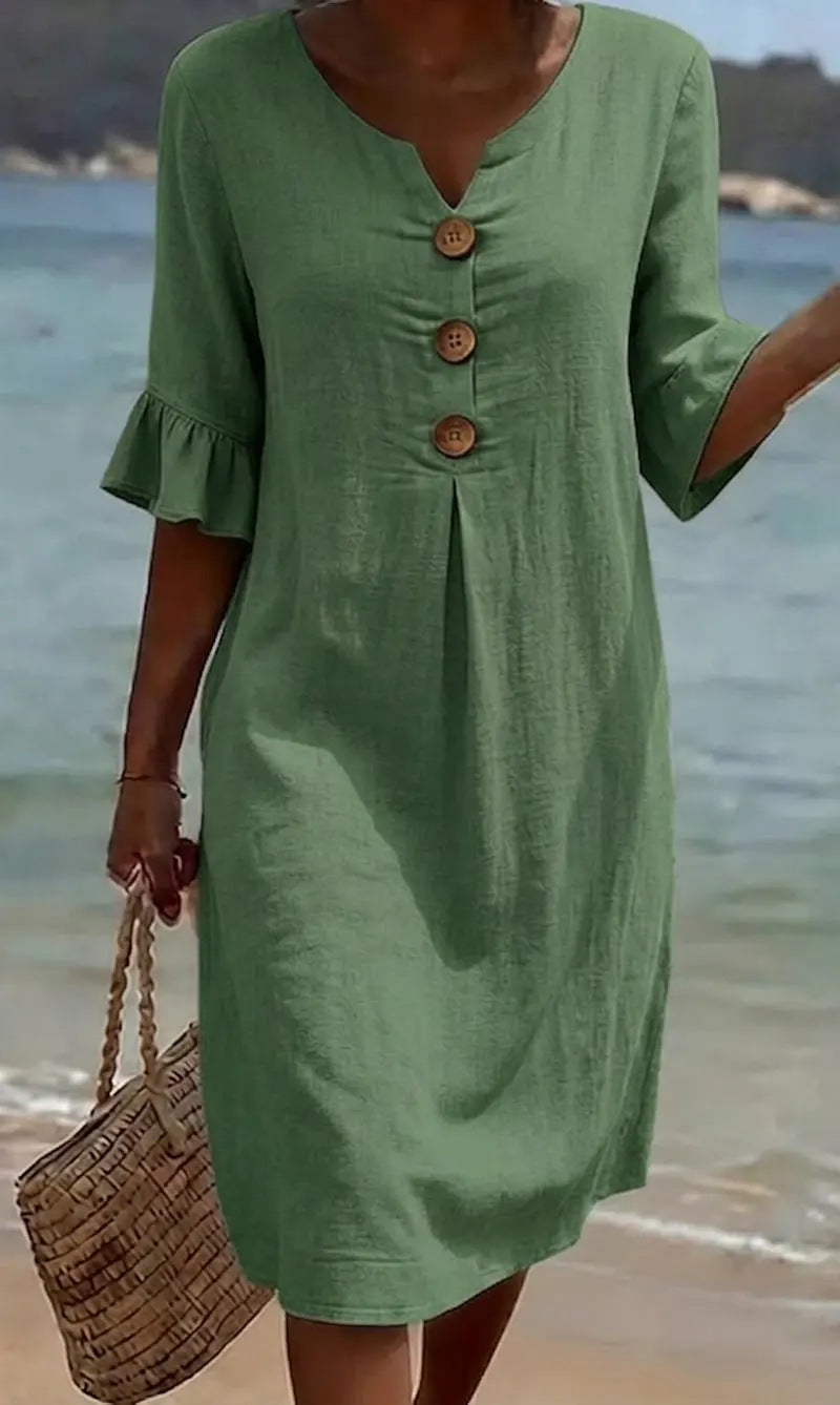 Robe d'été boutonnée en coton et lin à manches volantées