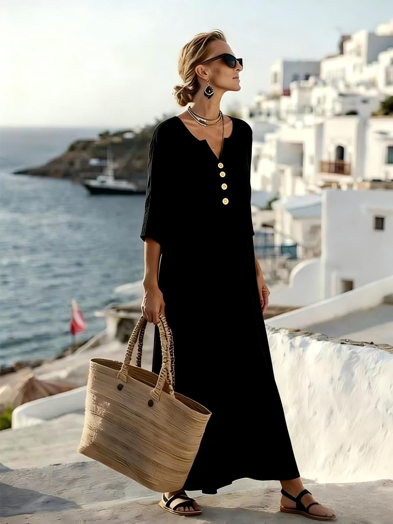 Robe longue boutonnée en coton et lin à manches 3/4