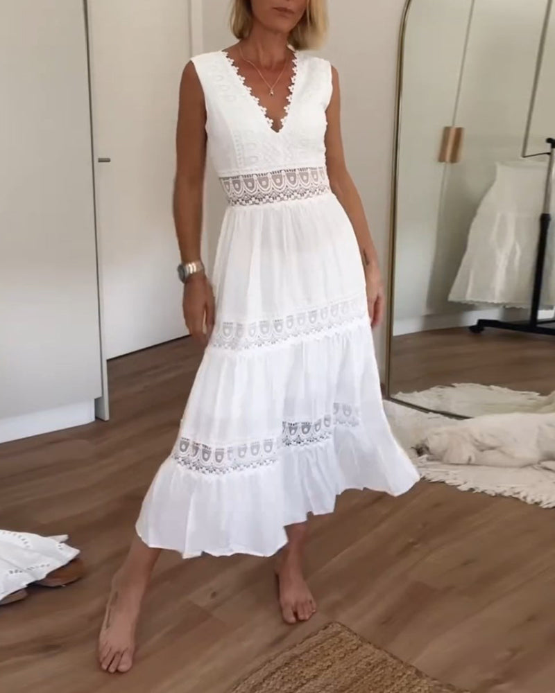 Alice – Robe midi bohème en dentelle à col V