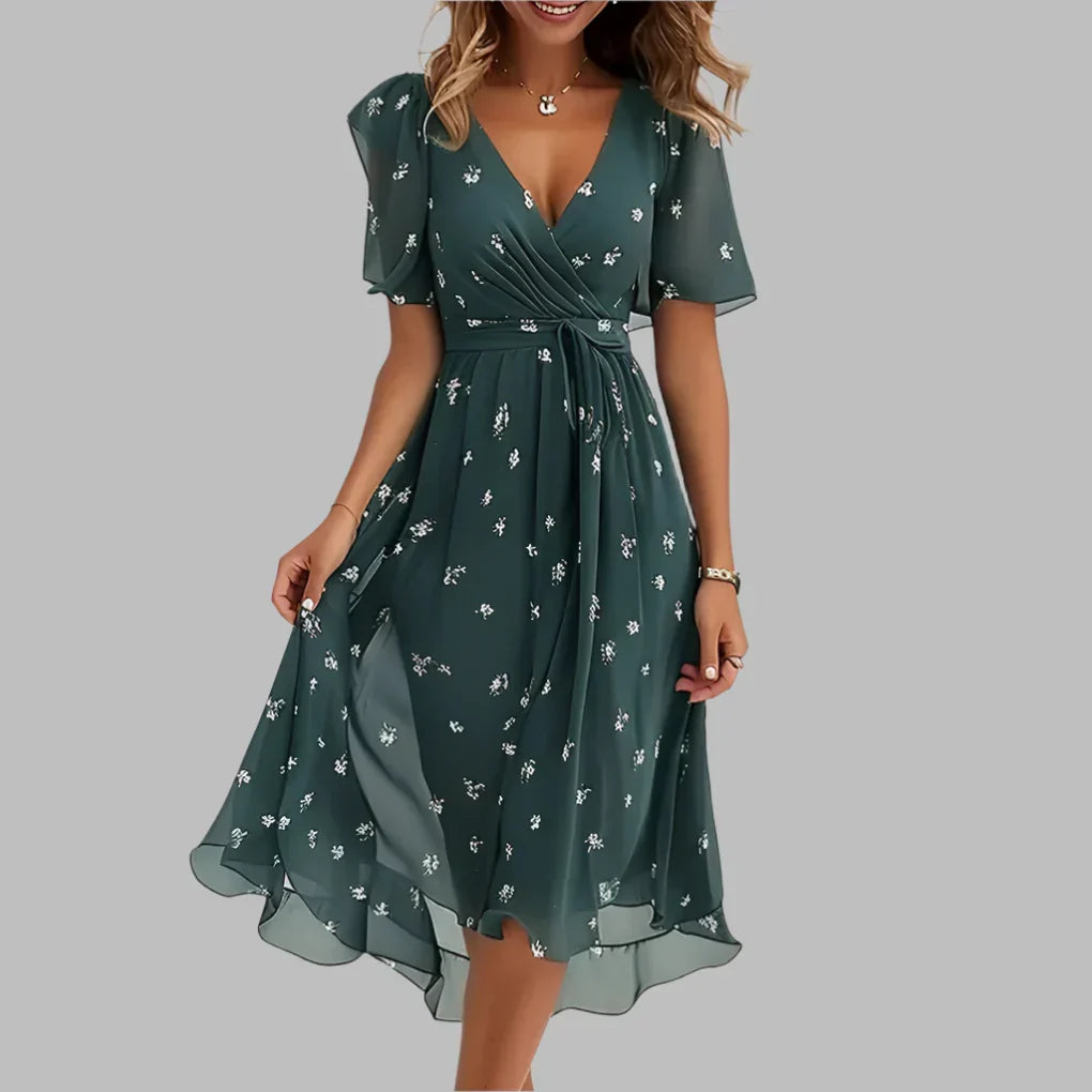Robe midi fleurie à fronces et manches bouffantes
