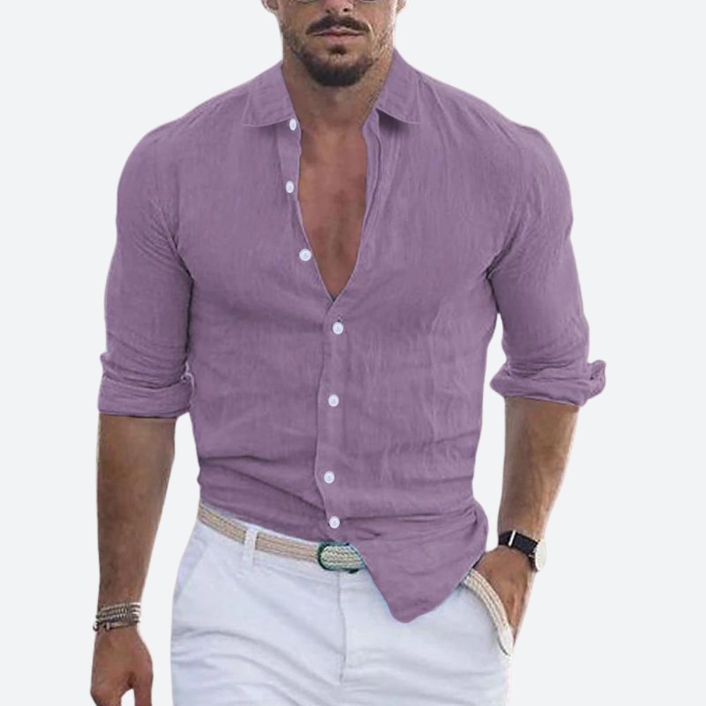 Chemise en lin homme coupe ajustée à col ouvert manches longues