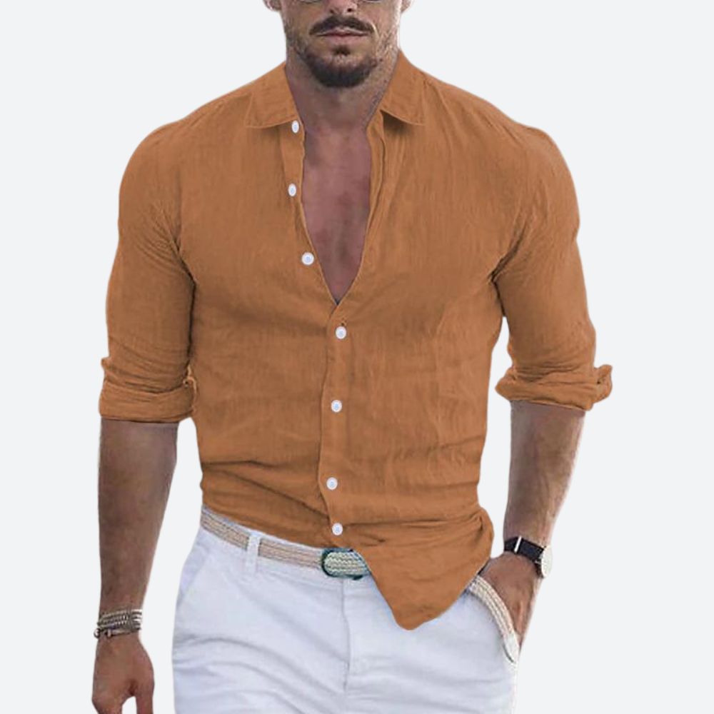 Chemise en lin homme coupe ajustée à col ouvert manches longues