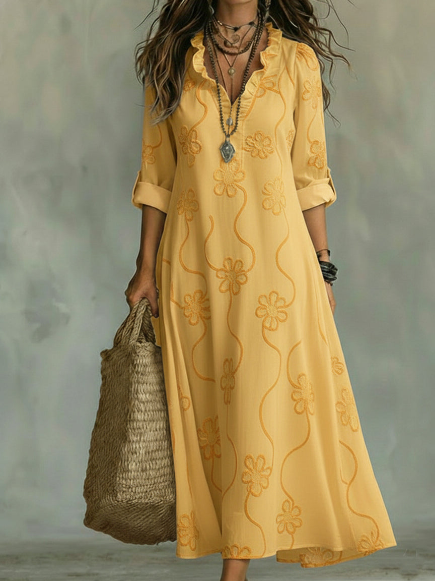 Hortense – Robe maxi à imprimé floral embossé et col à volants femme