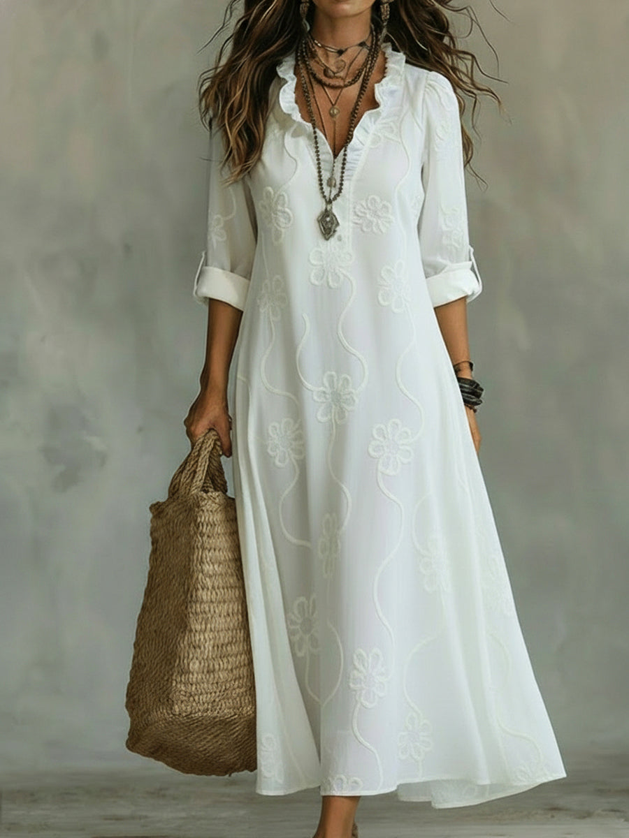Hortense – Robe maxi à imprimé floral embossé et col à volants femme