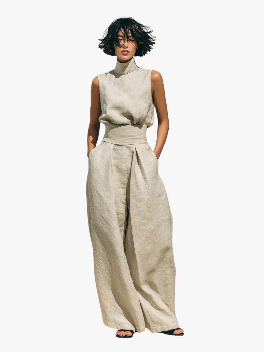 Ensemble femme en coton et lin à débardeur et pantalon large