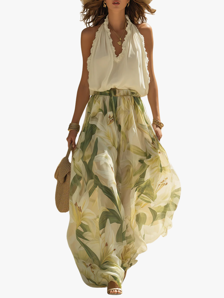 Ensemble femme deux pièces fluide jupe longue à imprimé floral et col V