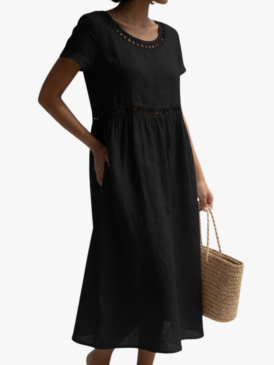 Robe midi brodée en coton à manches courtes et taille empire