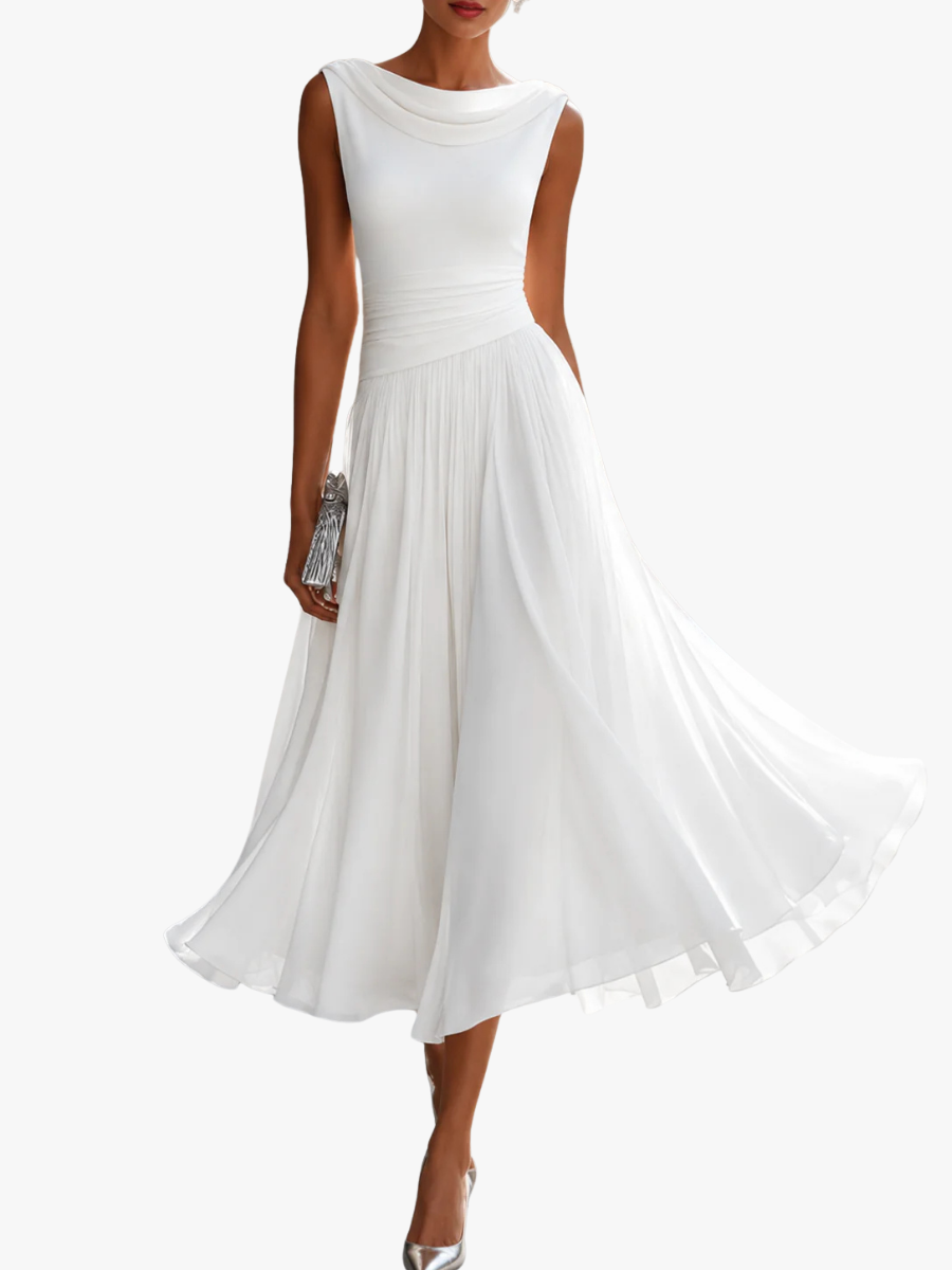 Robe midi élégante à décolleté froncé et jupe fluide