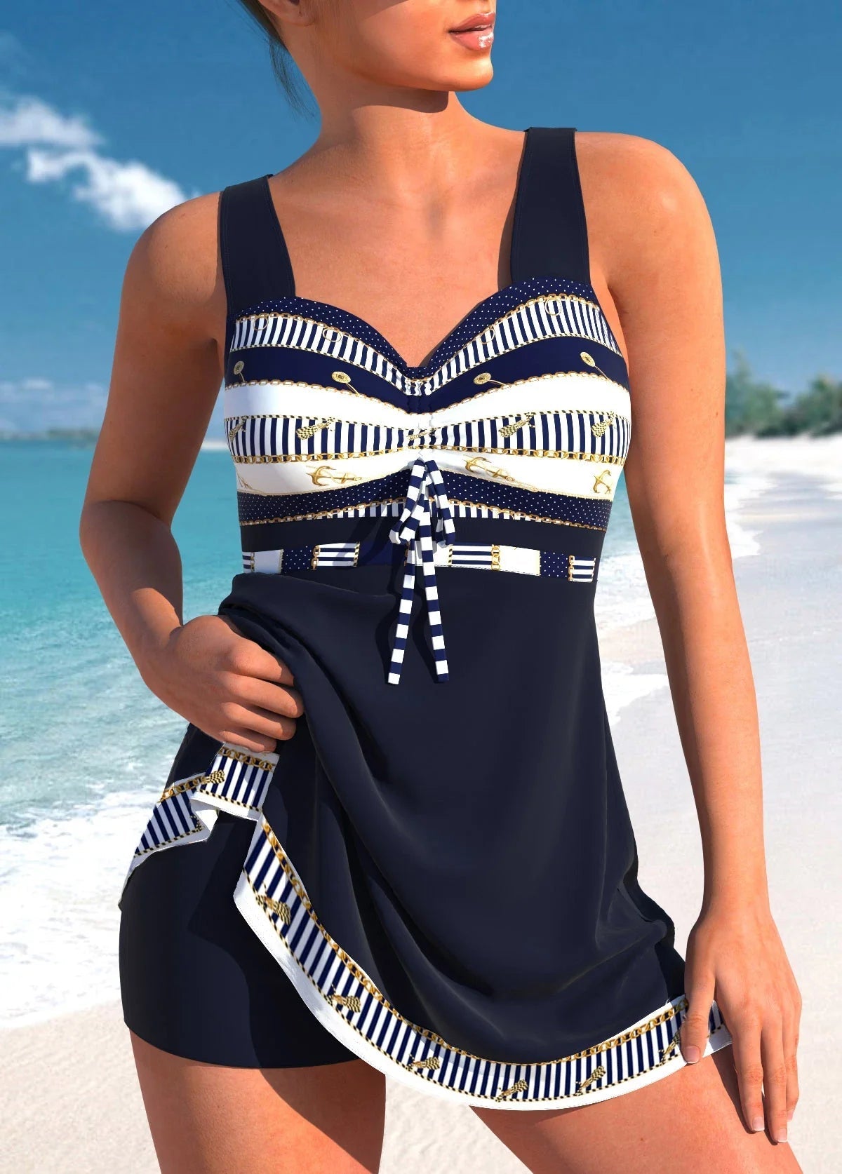 Tankini femme avec jupette, maillot de bain gainant à bretelles larges