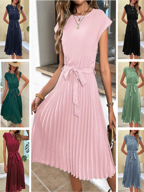 Léna – Robe midi plissée à manches courtes femme