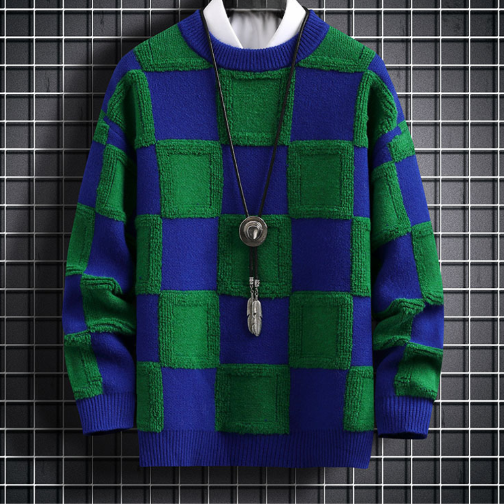 Maxime – Pull homme à carreaux et col rond