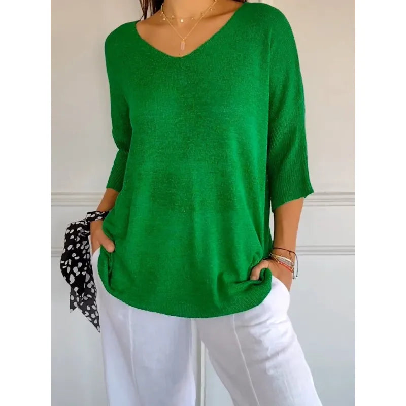 Lison – Top en maille à col en V et manches trois-quarts femme