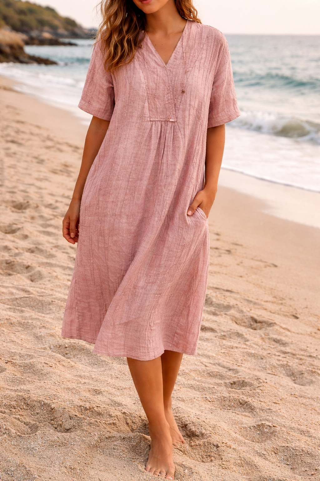 Robe midi en lin à col en V coupe décontractée avec poches