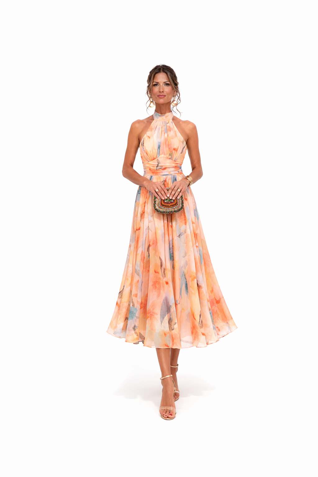 Flavie – Robe maxi fleurie pêche fluide dos-nu invitée de mariage femme