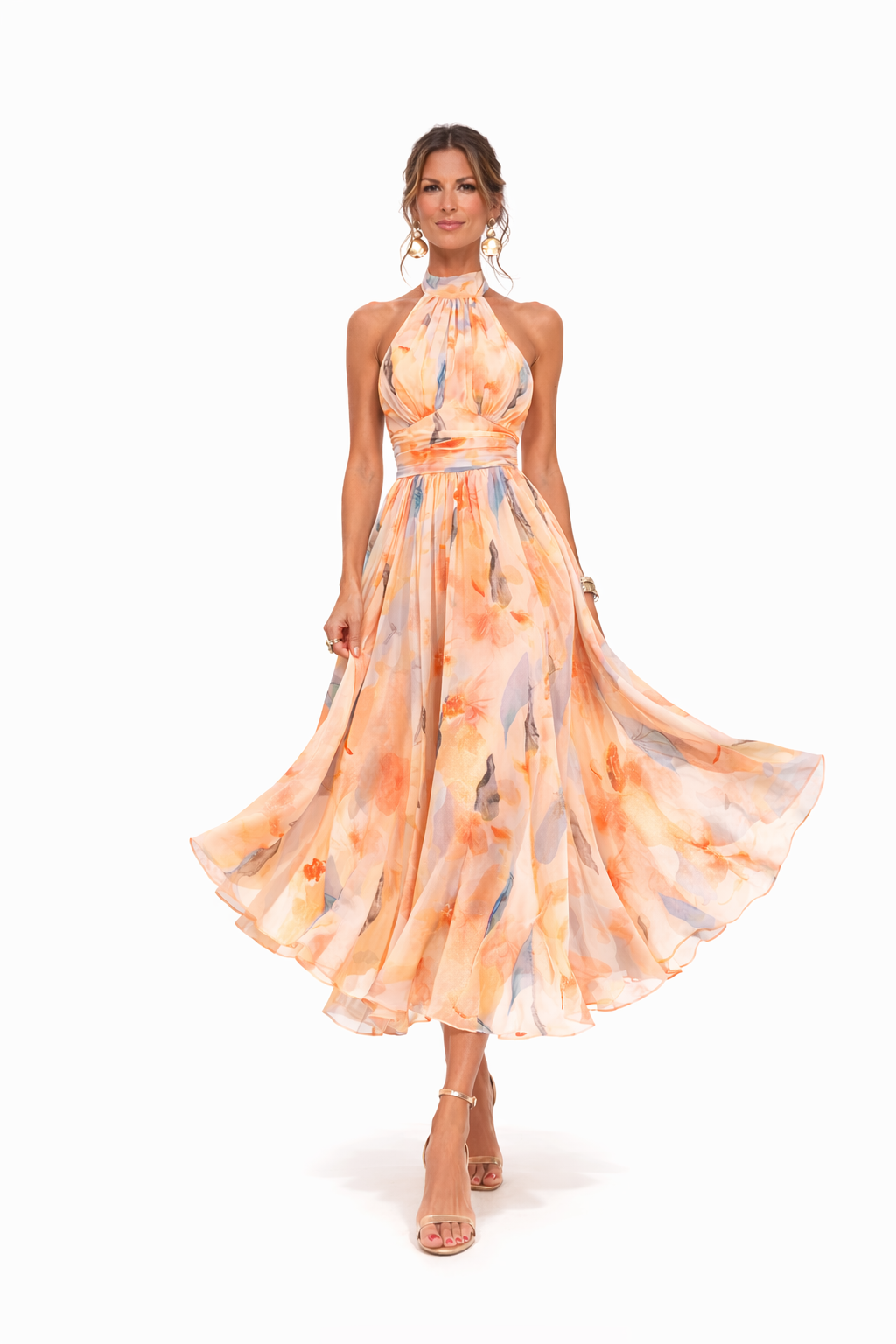 Flavie – Robe maxi fleurie pêche fluide dos-nu invitée de mariage femme