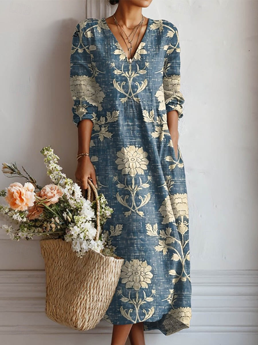 Margaux – Robe midi en lin bohème à imprimé floral, col en V et poches femme