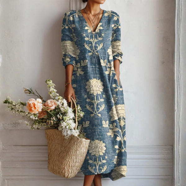 Robe midi en lin à motif artistique et poches