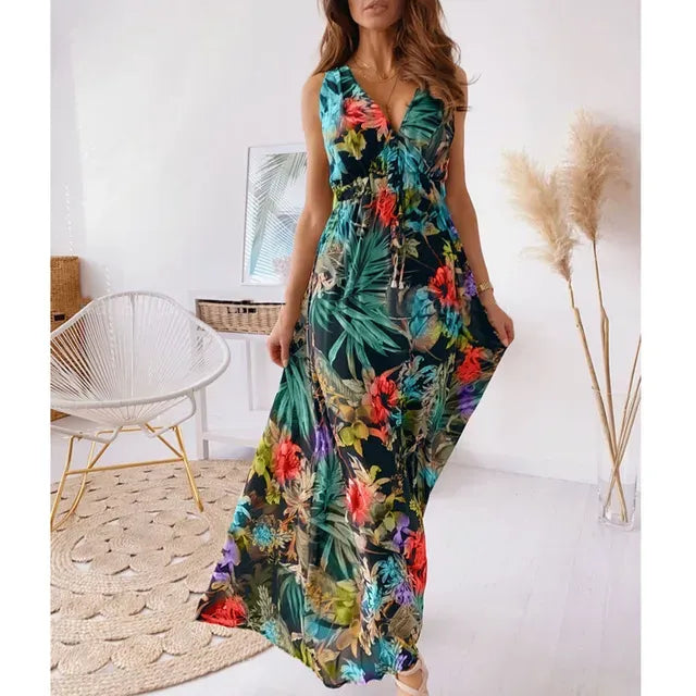Robe longue à imprimé tropical, coupe ample et fluide