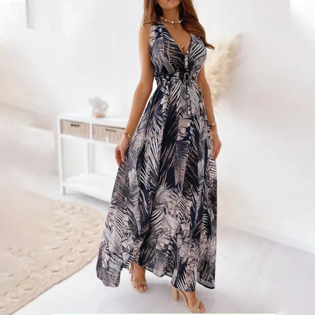 Robe longue à imprimé tropical, coupe ample et fluide