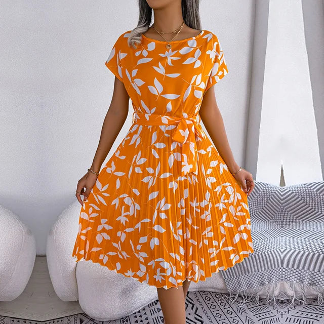 Amandine – Robe midi plissée à manches courtes avec ceinture à nouer femme