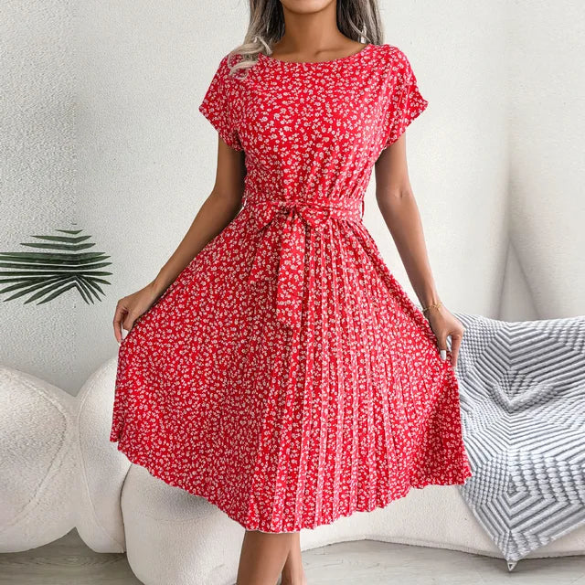 Amandine – Robe midi plissée à manches courtes avec ceinture à nouer femme