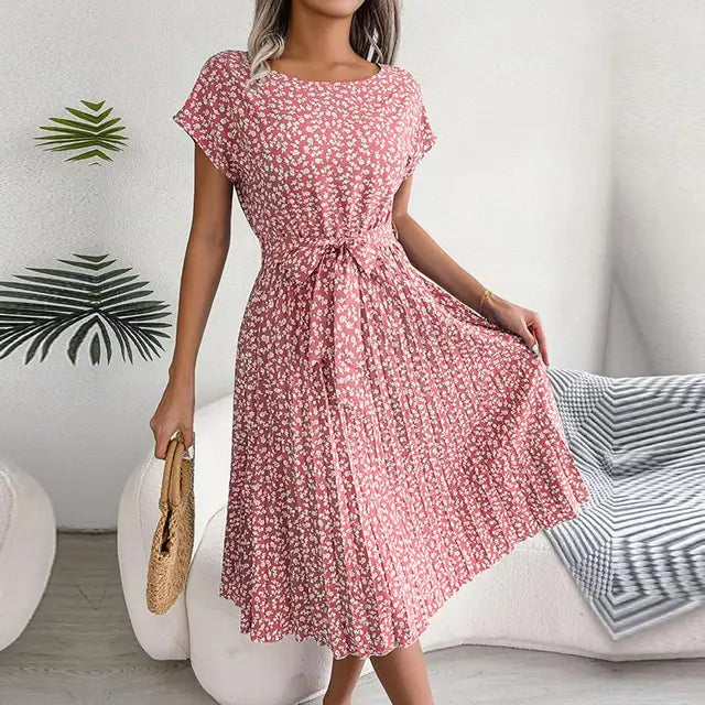 Amandine – Robe midi plissée à manches courtes avec ceinture à nouer femme