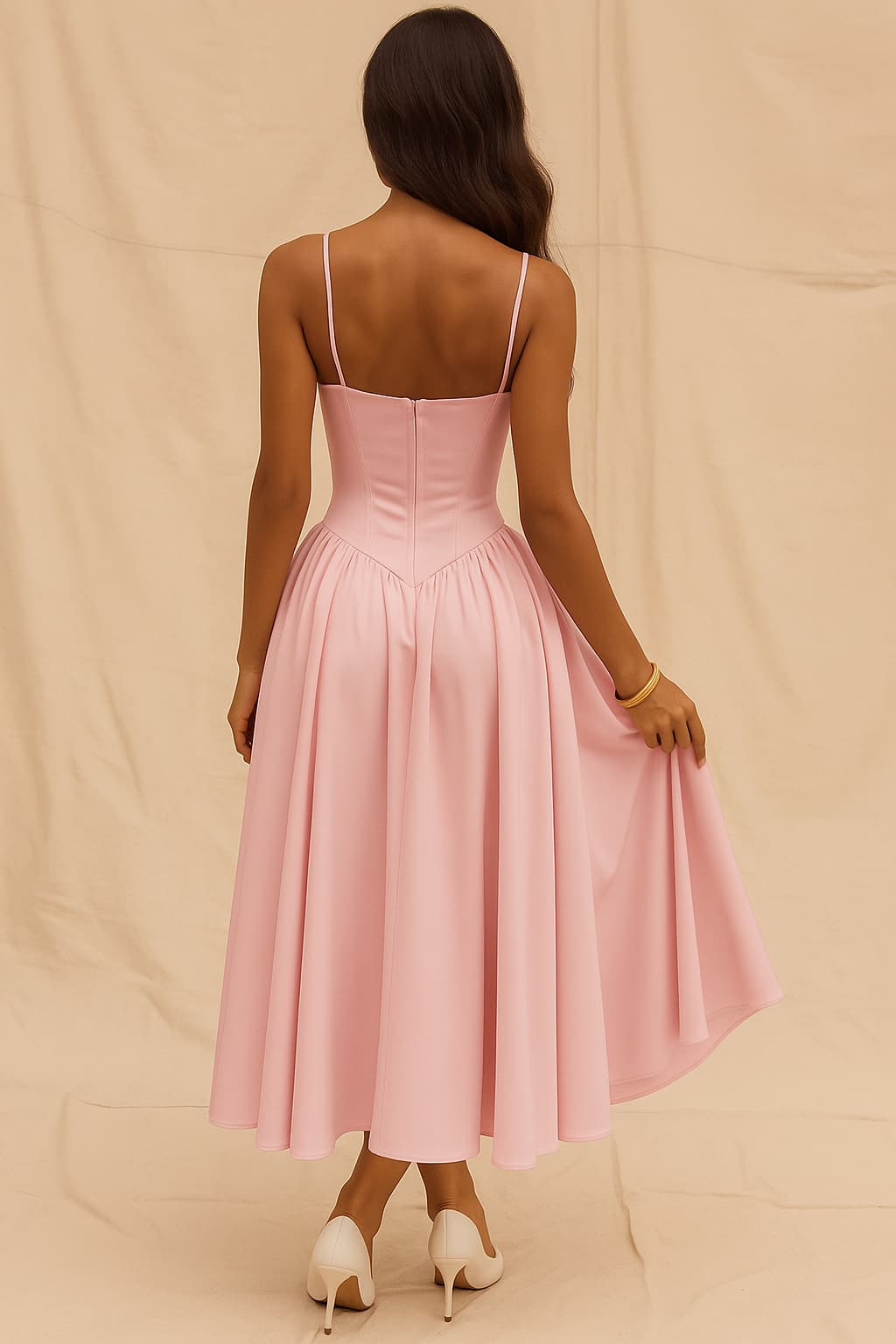 Clémence – Robe midi rose à corset et coupe A femme