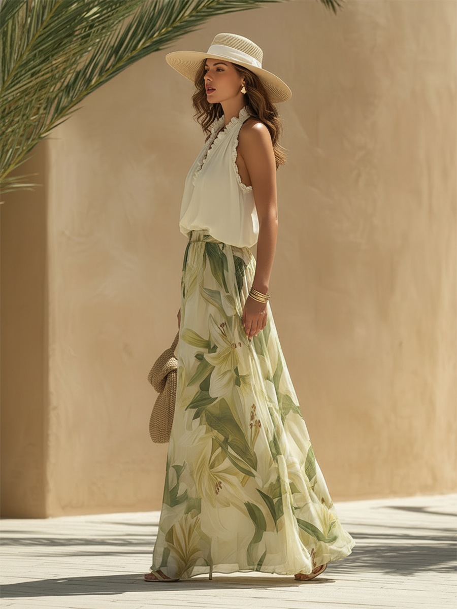 Ensemble femme deux pièces fluide jupe longue à imprimé floral et col V