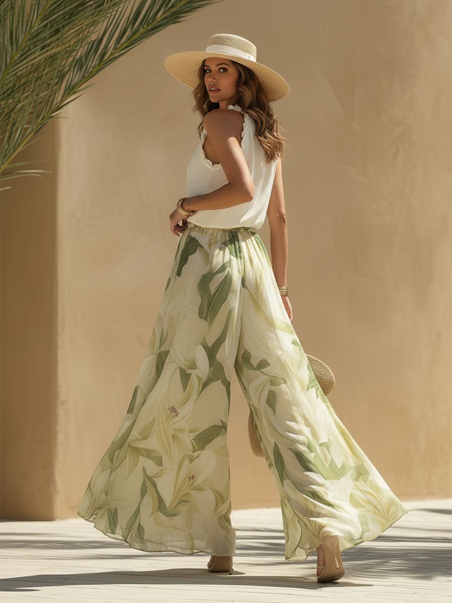 Ensemble femme deux pièces fluide jupe longue à imprimé floral et col V