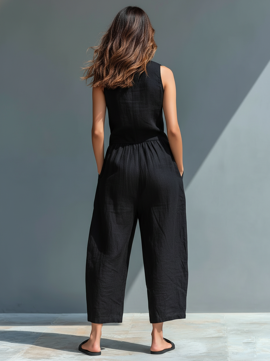 Sixtine – Combinaison en lin sans manches à col montant et boutons femme