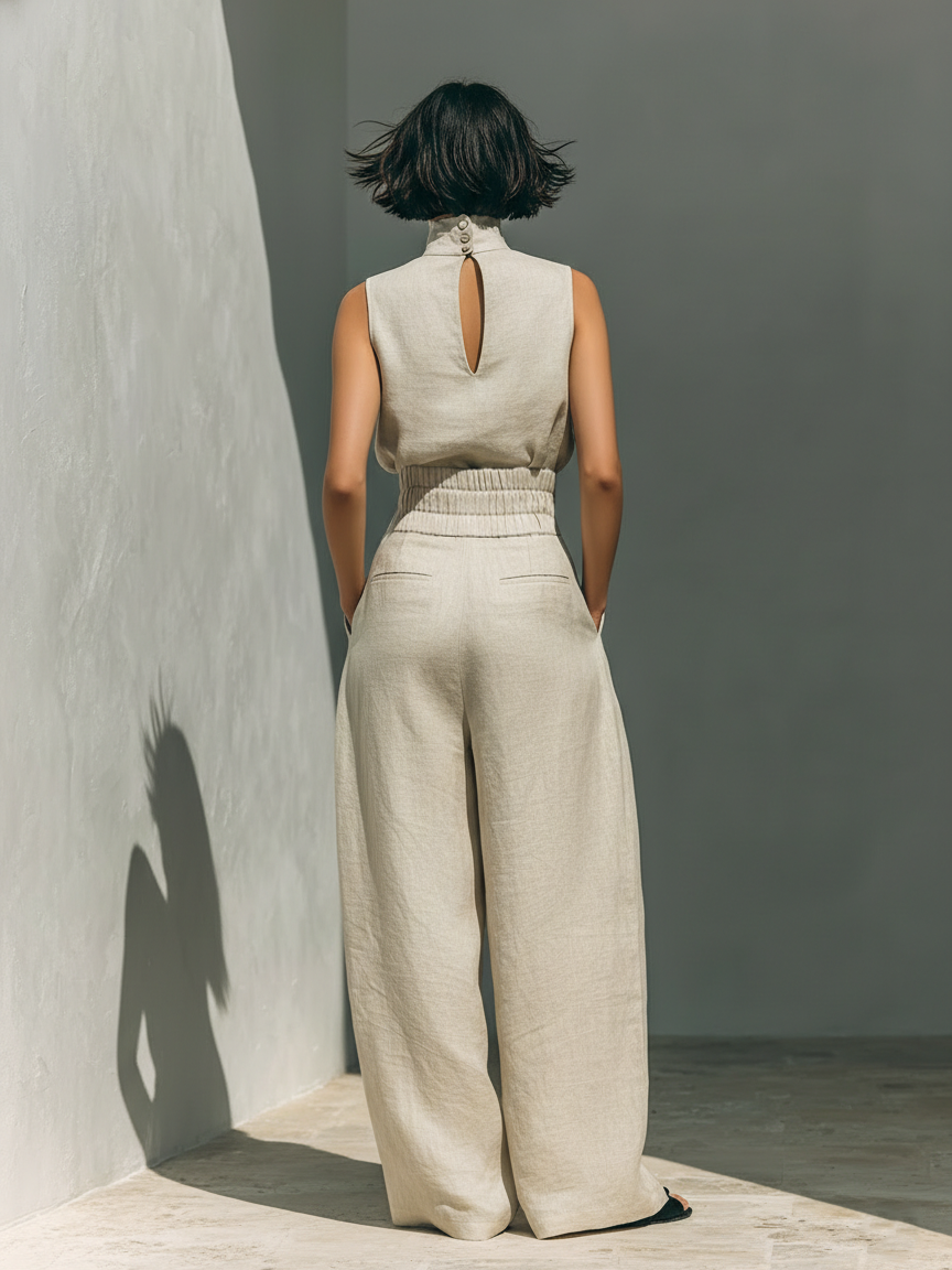 Léa – Ensemble deux pièces en lin avec blouse sans manches et pantalon large femme