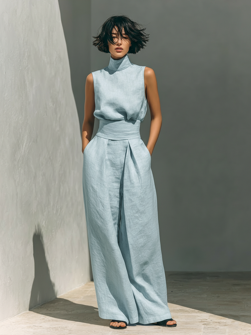 Léa – Ensemble deux pièces en lin avec blouse sans manches et pantalon large femme